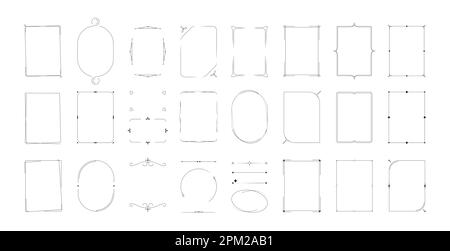 Minimalistische dekorative Rahmen. Umreißen Sie geometrische, dekorative Rahmen mit schweizer bauhaus-Linienformen für Logo-Designs und Hochzeitseinladungskarten. Vektorsatz. Rechteckige ovale Elemente und Teiler Stock Vektor