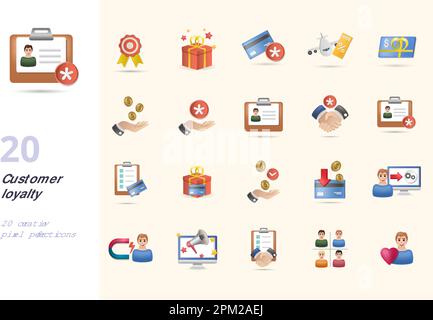 Kundentreue festgelegt. Kreative Symbole: Prämie, Geschenk, Kreditkartenbonus, Flugmeilen, Geschenkgutschein, Gewinn, Bonus, Mitgliedskarte, Partnerschaft, Premium Stock Vektor
