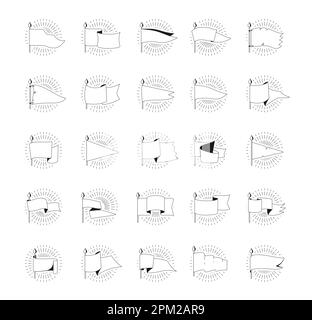 Schwarze Flaggen. Leere Wimpelsymbole mit Retro-Logo, einfarbiges Flaggenetikett für Outdoor-Varsity und Nadelsymbole. Vektor isoliertes Set. Royal flagstaff mit strahlenden Balken, Element für einen majestätischen Sieg Stock Vektor