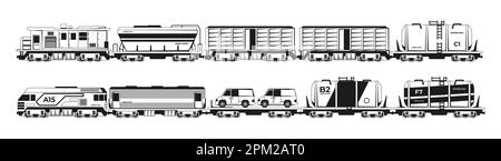 Silhouetten trainieren. Schwarze Personen- und Güterzuglokomotiven, Eisenbahntransportfahrzeuge mit unterschiedlichen Containern und Güterwagen. Vektorsatz. Industrietransport, Lieferwagen auf der Plattform Stock Vektor