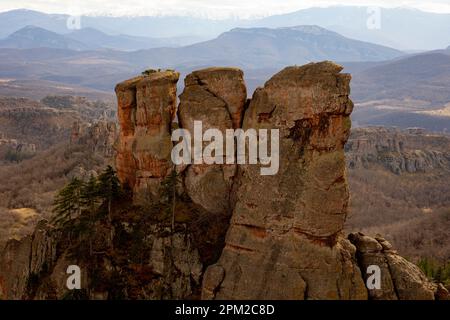 Die Belogradchik Felsen sind eine Gruppe von seltsam geformten Sandstein- und Konglomeratgesteinsformationen, die sich an den westlichen Hängen des Balkangebirges befinden Stockfoto