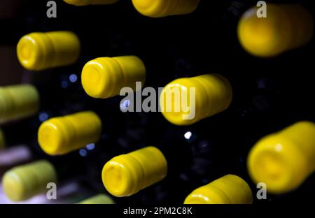 Flaschen Wein auf hölzernen Regalen in einem Weingut. Stockfoto