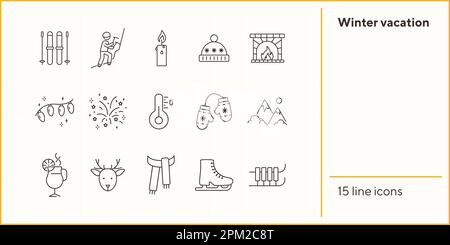 Winterurlaub Line Icon Set mit Weihnachtsrentier und Schal Stock Vektor