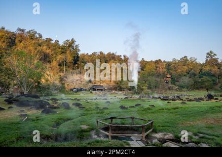 Dampf aus den heißen Quellen der Fang Thermalquelle. Doi Pha Hom Pok Nationalpark, Chiang Mai, Thailand. Stockfoto