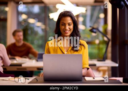 Ältere Geschäftsfrau, Die Am Schreibtisch Im Büro An Einem Laptop Arbeitet Stockfoto
