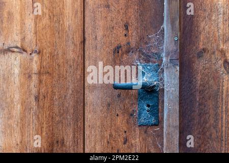 Alte Holztür mit Metallgriff, mit Spinnweben bedeckt, Konzept für geschlossen oder nicht verwendet. Stockfoto