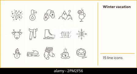 Winterurlaub Line Icon Set mit Weihnachtsstrumpf Stock Vektor