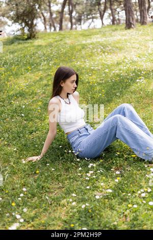 Seitlicher Blick auf ein Oberteil für junge Frauen und Jeans auf der Wiese mit Blumen im Sommer, Stockbild Stockfoto