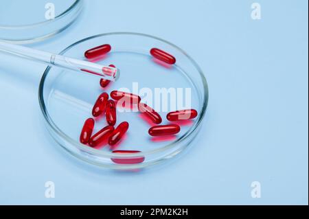 Stillleben mit Laborartikeln und roten Weichgelkapseln mit Fischöl, Omega und ätherischen Ölen oder in Petrischale auf blauem Hintergrund Stockfoto