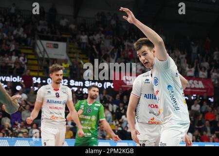 PalaBarton, Perugia, Italien, 10. April 2023, allianz milano freut sich während des Play Off - Sir Safety Susa Perugia gegen Allianz Milano - Volleyball Italienisch Stockfoto