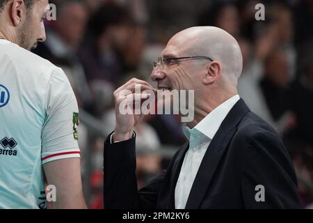 PalaBarton, Perugia, Italien, 10. April 2023, piazza roberto (allianz milano) während des Spiels - Sir Safety Susa Perugia vs Allianz Milano - Volleyball Stockfoto