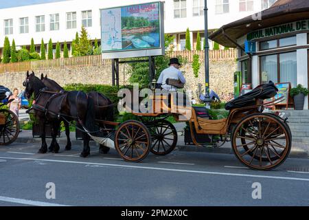 SOVATA, RUMÄNIEN - 24. AUGUST 2022: Pferdekutsche im Resort Sovata. Es ist bekannt für balneoklimaterische und Schlammbehandlungen. Sovata, Rumänien auf Augu Stockfoto