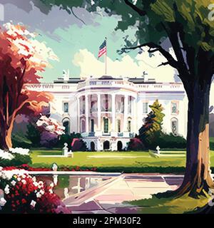 Weißes Haus Washington DC. Vektorgrafiken der Südseite der Fassade. Realistische Darstellung eines Hinterhofs. Stock Vektor