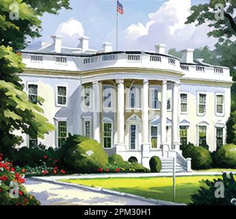 Weißes Haus Washington DC. Vektorgrafiken der Südseite der Fassade. Realistische Darstellung eines Hinterhofs. Stock Vektor