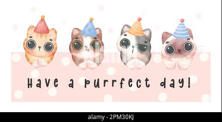 Süße, lustige Katze in verschiedenen Rassen trägt Partyhut Aquarell, Illustration Banner Stock Vektor
