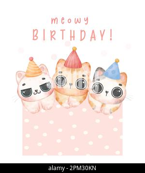 Gruppe von drei niedlichen Kätzchen verschiedene Rassen Meowy Geburtstag Aquarelle Grußkarte mit Illustration Stock Vektor