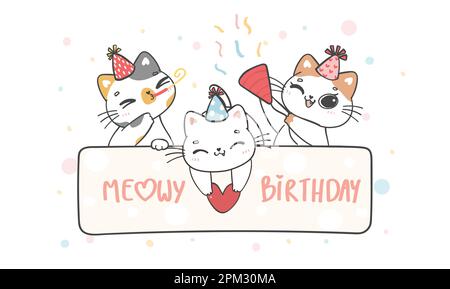 Eine Gruppe von drei süßen, lustigen, verspielten Katzen, die Partygeburtstag, Meowy Geburtstag feiern, fröhliche Tierkarikatur-Zeichentrickfigur Stock Vektor