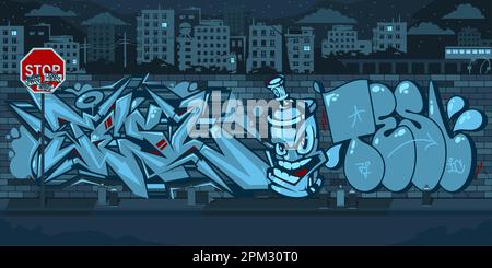 Dark Outdoor Urban Graffiti Wall Mit Nächtlichen Zeichnungen Vor Dem Hintergrund Des Stadtbildes Vector Illustration Art Stock Vektor