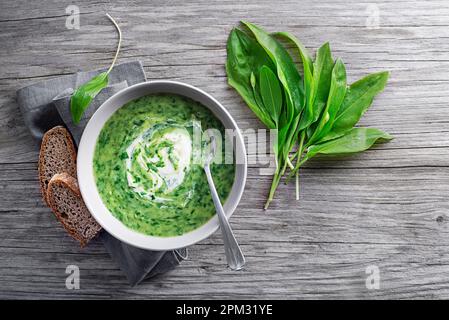 Gesunde cremige Suppe mit frischen Ramson- oder wilden Knoblauchblättern auf Holzhintergrund. Gesundes Frühlingsnahrungskonzept Stockfoto