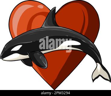 Vektordarstellung eines Killerwals mit isolierten Herzen auf weißem Hintergrund Stock Vektor