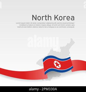 nordkorea-Flagge, Karte auf weißem Hintergrund. Vector-Broschürendesign. Flagge der Demokratischen Volksrepublik Korea. DVRK. Welliges Band, nordkoreanisches Banner Stock Vektor