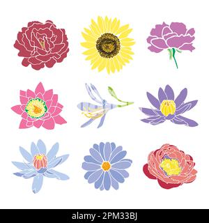 Flaches Set mit Blumenmuster. Verschiedene einfache farbige Blumen. Pastellfarben. Minimalistisches Konturdesign von Blumen. Vektordarstellung. Stock Vektor