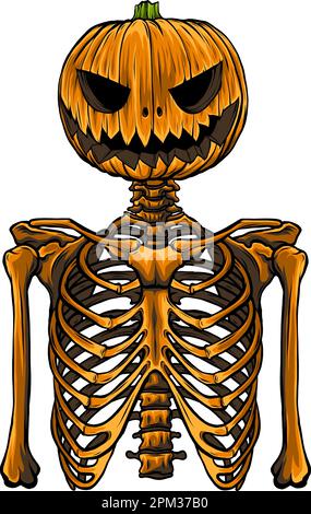Kopfkürbis auf menschlichem Skelett. vektordarstellung auf weißem Hintergrund, digitale Handzeichnung Stock Vektor