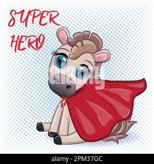 Süßes Pferd, Pony-Superheld in rotem Regenmantel Retter. Stock Vektor