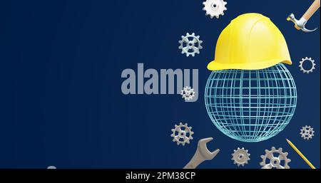 Planetenrahmen mit Schutzhelm und Werkzeugen. Welttag für Sicherheit und Gesundheit am Arbeitsplatz.3D Rendern Stockfoto