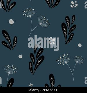 Nahtloses Blumenmuster. Einfarbiges Muster mit Löwenzahnblättern und Blumen. Auf dunkelblauem Hintergrund Stockfoto