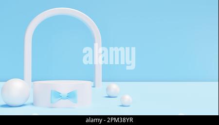 Produktpräsentation zum Vatertag. Bogen und Podium mit Fliege. Dekorkugeln sphären 3D-Rendering Stockfoto