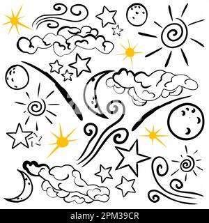Handgezeichnete Vektorelemente Mond, Sterne, Wolken. Illustrationen im Skizzenstil. Perfekt für Drucke, Postkarten, Poster usw. Stock Vektor
