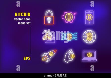 Bitcoin Neon-Zeichen gesetzt Stock Vektor