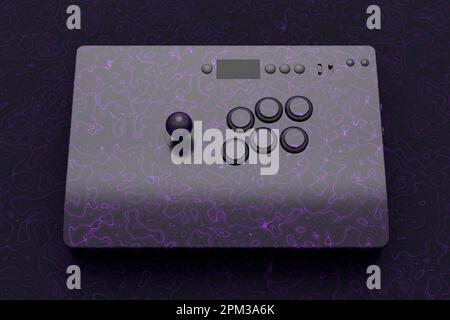 Klassischer Arcade-Stick mit Joystick und Tasten in Turnierqualität mit nahtlosem Wellenmuster auf dunklem Hintergrund. 3D-Rendering von Spielautomaten, Streaming Stockfoto