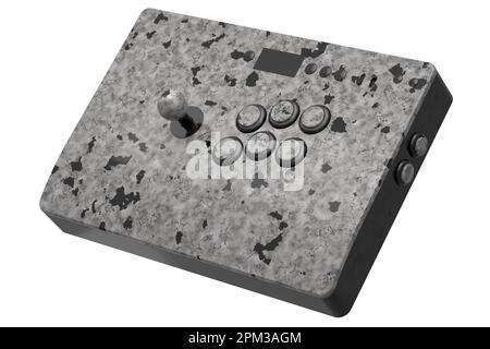 Klassischer Arcade-Stick mit Joystick und Knöpfen in Turnierqualität mit schwarzer Marmorstruktur auf weißem Hintergrund. 3D-Rendering von Spielautomaten, Streaming Stockfoto
