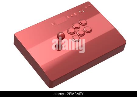 Klassischer Arcade-Stick mit Joystick und Knöpfen in Turnierqualität mit roter Chromstruktur auf weißem Hintergrund. 3D-Rendering von Spielautomaten, Streaming von ge Stockfoto