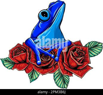 Frosch auf roten Rosen mit Blättern Vektordesign auf weißem Hintergrund Stock Vektor