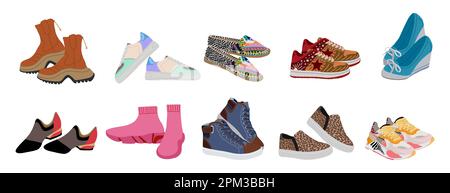 Kollektion mit stylischen, eleganten Damenschuhen. Stock Vektor