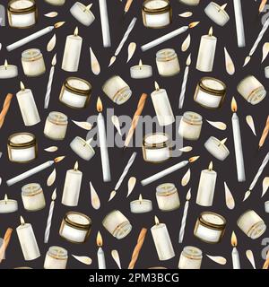 Aquarelle verschiedener Arten nahtloser Muster auf dunkelbraunem Hintergrund. Weiße und orangefarbene brennende Kerzen für Aromatherapie-Shops, Abalat-Sabbat Stockfoto