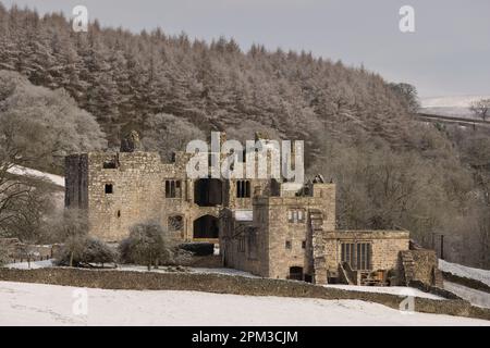 Die Ruinen des Barden Tower, einer Jagdhütte aus dem 15. Jahrhundert, die sich jetzt auf dem Bolton Abbey Estate in den Yorkshire Dales, Großbritannien, befindet Stockfoto