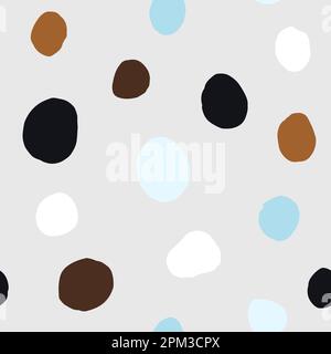 Nahtloses neutrales Punktmuster. Braune, blaue, handgezeichnete Kreise auf grauem Hintergrund. Abstract Points Ornament. Gepunktete Vektor-boho-Abbildung für Stock Vektor