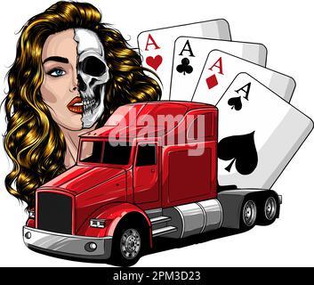 Oldtimer-Truck mit Frauen- und Poker-Assen. vektordarstellung auf weißem Hintergrund. Digitales Handzeichnen Stock Vektor