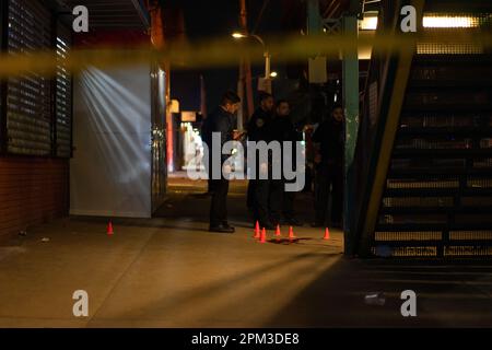 Die Tatorteinheit untersucht den Tatort, an dem zwei Teenager erschossen wurden, wobei einer innerhalb der White Plains Road und der Burke Ave Station in der Bronx, New York, am 11. April 2023 tot zurückgelassen wurde. Polizeibeamte des 47. Reviers reagierten auf einen Anruf um 911 Uhr und fanden einen 17-jährigen Mann mit mehreren Schusswunden am Kopf. Der zweite Mann, der ebenfalls 17 Jahre alt war, hatte eine Schusswunde an seiner Hüfte. Beide wurden zum Jacobi Krankenhaus transportiert, wo das erste Opfer für verstorben erklärt wurde, der andere Teenager ist in stabilem Zustand. Es wurde noch keine Verhaftung vorgenommen, die Polizei ermittelt noch. (Foto von Steve Sa Stockfoto