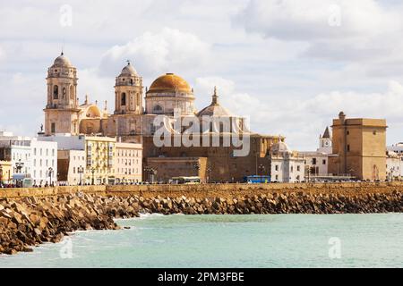 Rückansicht der Kathedrale von Cadiz, Catedral de Santa Cruz de Cadiz. Cadiz, Andalusien, Spanien. Gebäude und Meeresschutzanlagen. Stockfoto