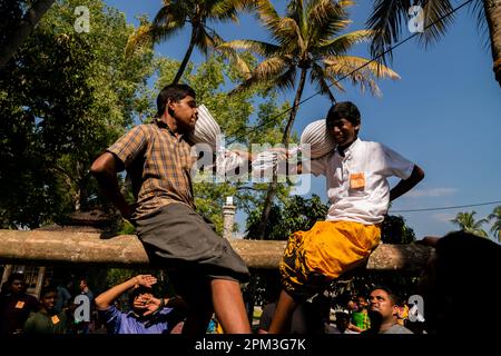 Colombo, Sri Lanka. 09. April 2023. Sri Lanka Student of damma School nimmt an einem traditionellen Spiel Teil, um einen Gegner während der Silvesterfeier in Sinhala und Tamil am 09. April 2023 in Colombo von einem Gleichgewichtsbalken zu schlagen. Am 13. April beginnt das neue Jahr, und auf der ganzen Insel werden traditionelle Spiele und Unterhaltung organisiert. (Foto: Vimukthi Embuldeniya/Pacific Press/Sipa USA) Guthaben: SIPA USA/Alamy Live News Stockfoto