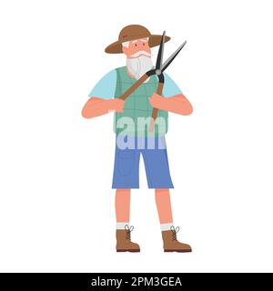 Gärtner mit Schere. Landwirt mit Garteninstrument, Vektordarstellung der landwirtschaftlichen Tätigkeit Stock Vektor