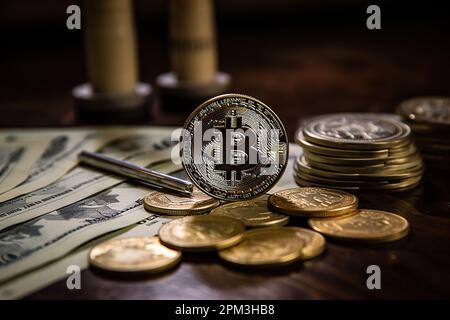 Münzen und Münzen auf dem Tisch Stockfoto