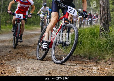 Mountainbiker in der Gruppe, die auf einem Radrennen im Langlauf fahren, Rennen auf dem Forest Trail Stockfoto