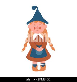 Magischer weiblicher Zwerg in stehender Pose. Weiblicher Zwerg, märchenhafte Charaktervektordarstellung Stock Vektor