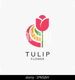 Tulpenblume und farbenfrohe Elemente für das Tulpengarten-Logo Stock Vektor